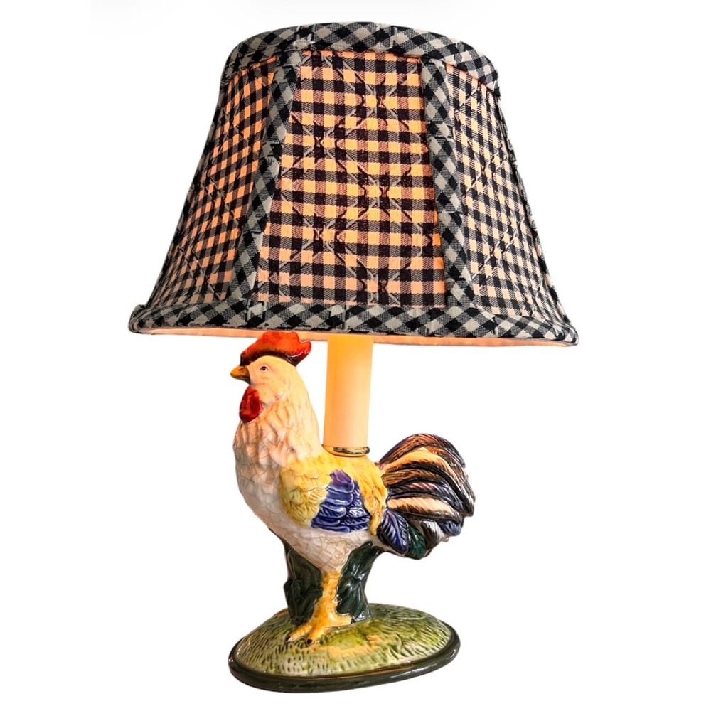 Vintage Ceramic Rooster Accent Lamp Black White Gingham Shade Country Farmhouse